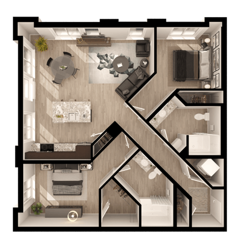 a 3d floor plan of a bedroom with a living room
